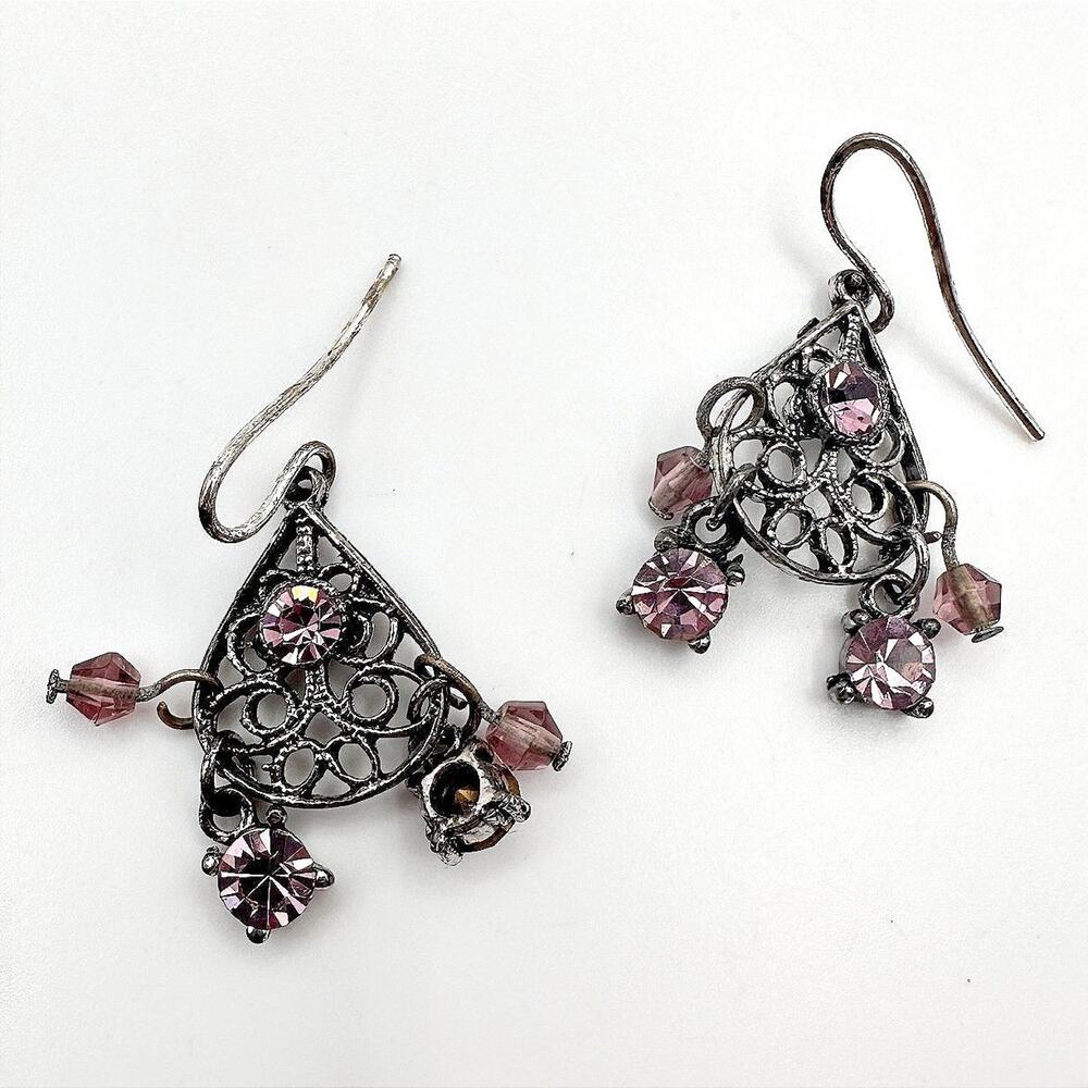 Vintage 90s Purple Crystal Bicone beads Chandelier Earrings Silver Tone Jewelry